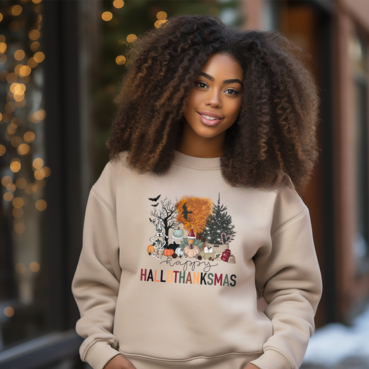 HalloThanksMas Cozy Halloween Thanksgiving Christmas Sweatshirt