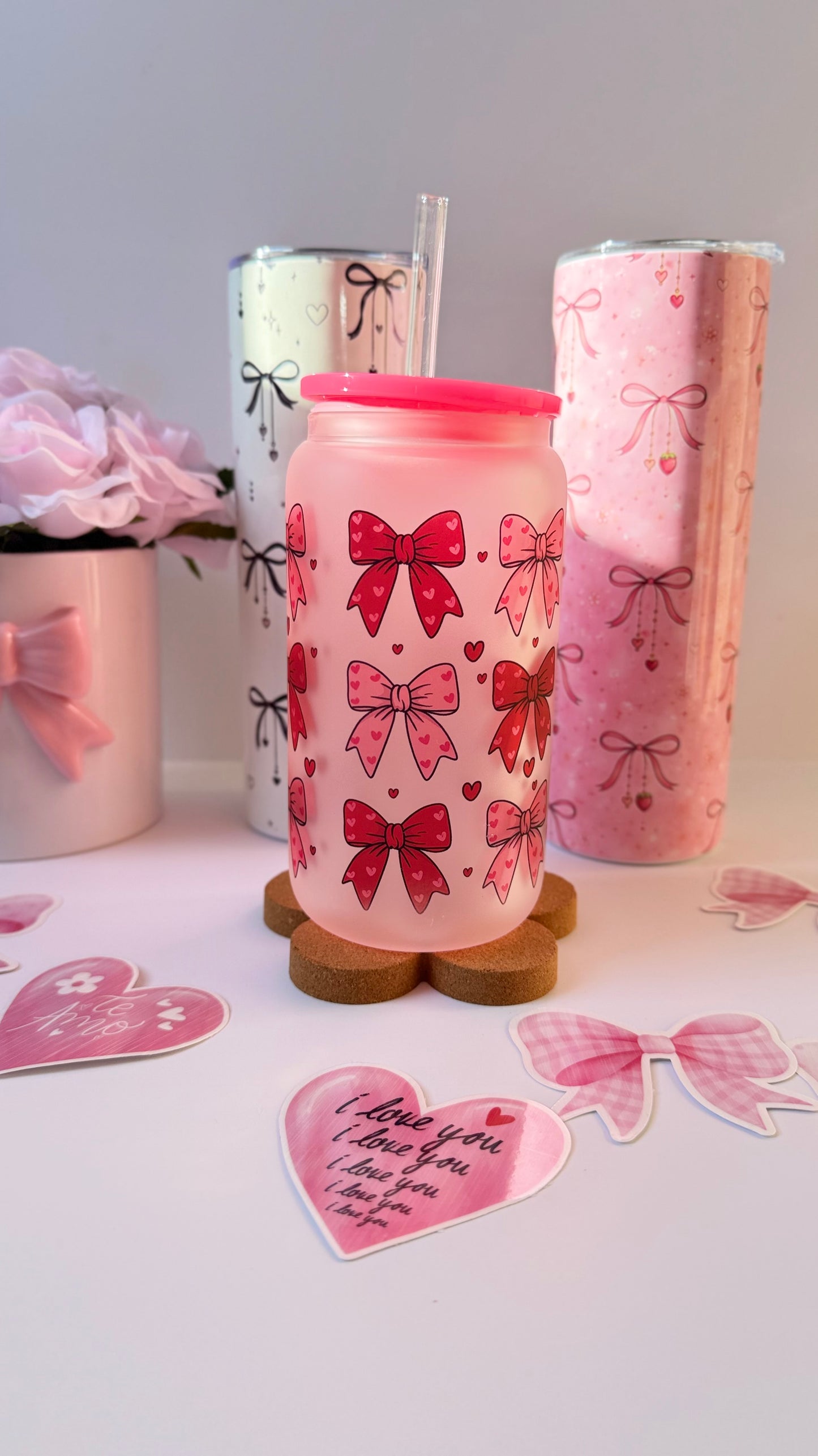Pink Bows 16oz Glass Cup – Cute Aesthetic Iced Coffee Cup