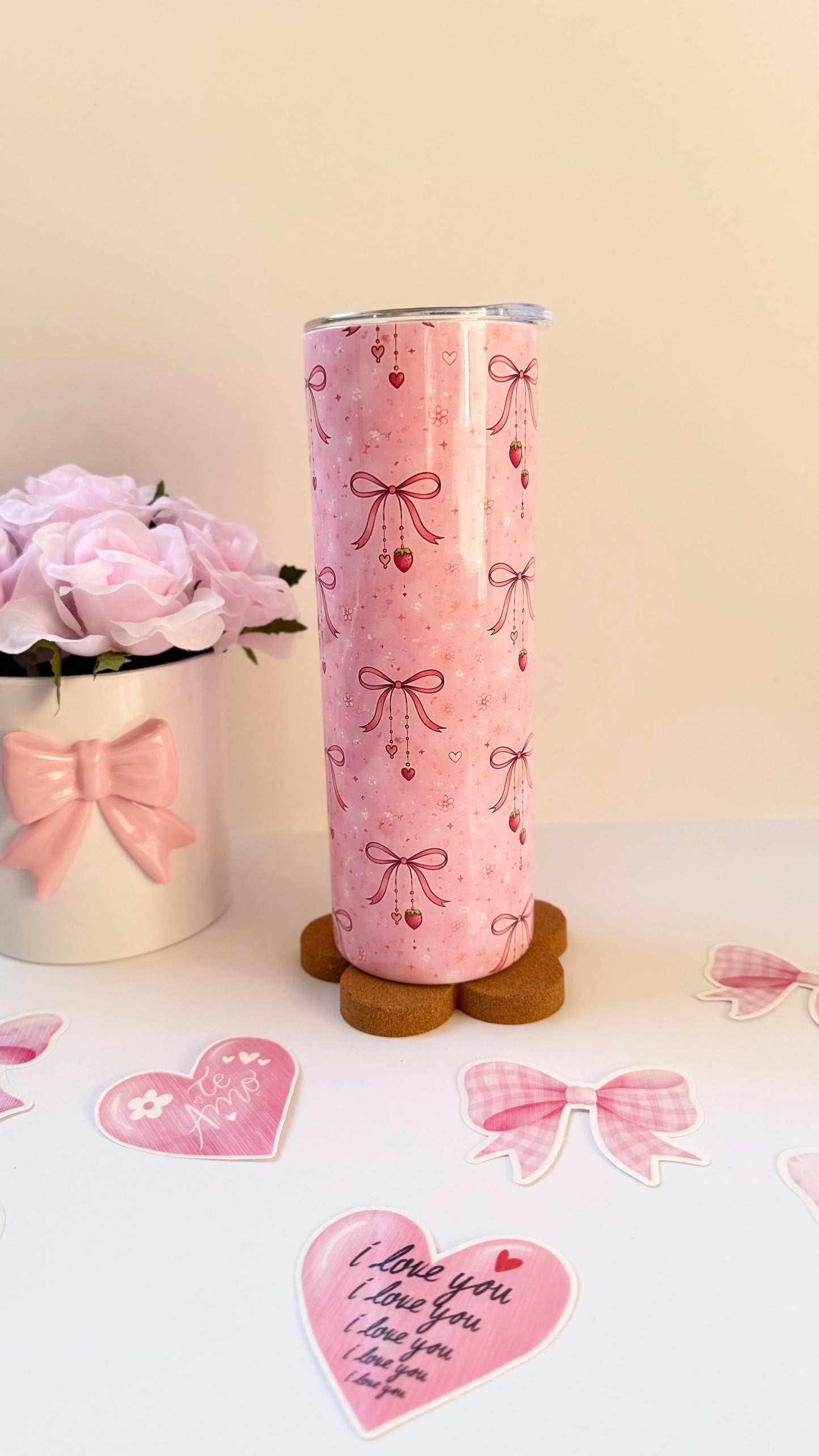 Pink Bow 20oz Tumbler, Cute Pink Drink ware, La La Pink Designs