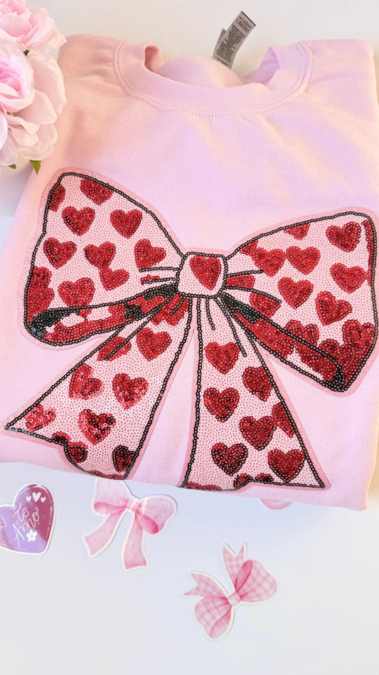 Pink Sweatshirt with Bow Patch and Heart Accents