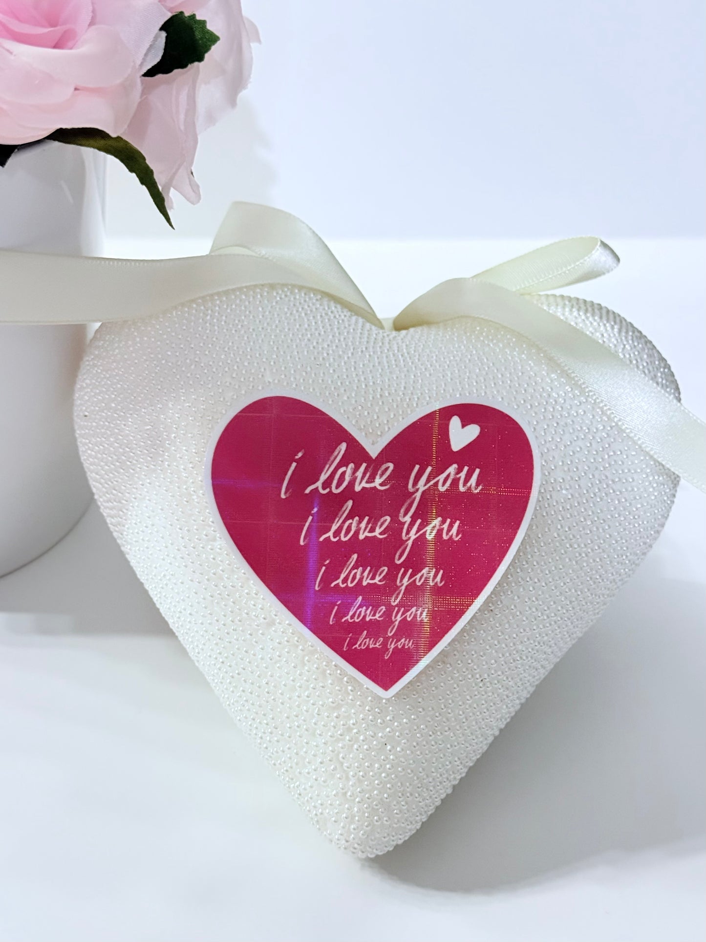 3’ Pink Holographic Heart Sign with White “I Love You”