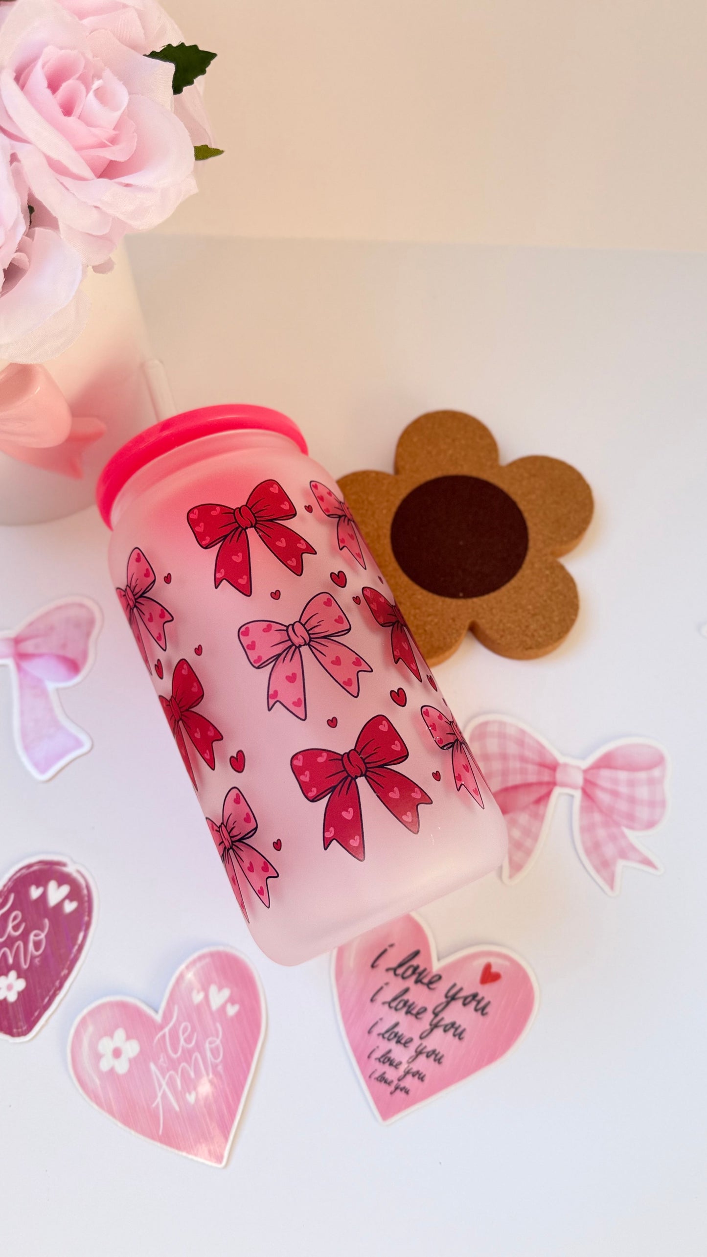 Pink Bows 16oz Glass Cup – Cute Aesthetic Iced Coffee Cup