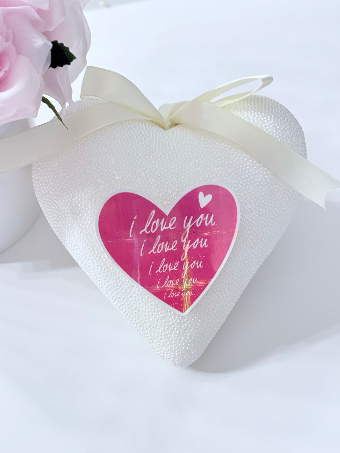 3’ Pink Holographic Heart Sign with White “I Love You”