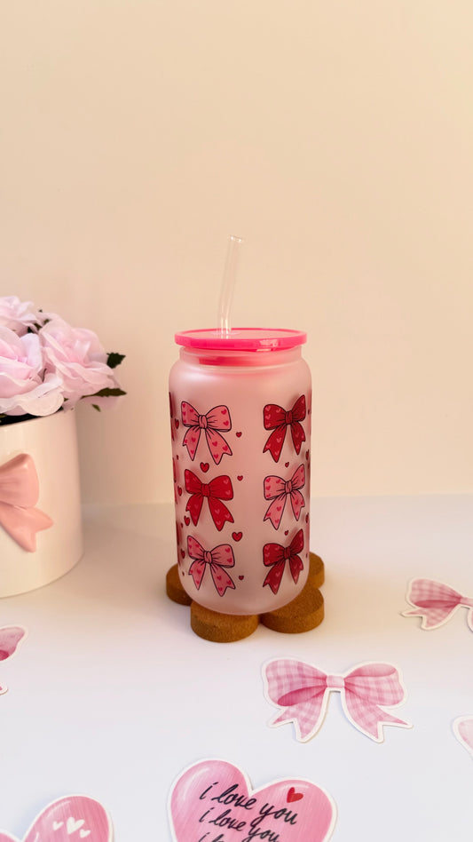Pink Bows 16oz Glass Cup – Cute Aesthetic Iced Coffee Cup