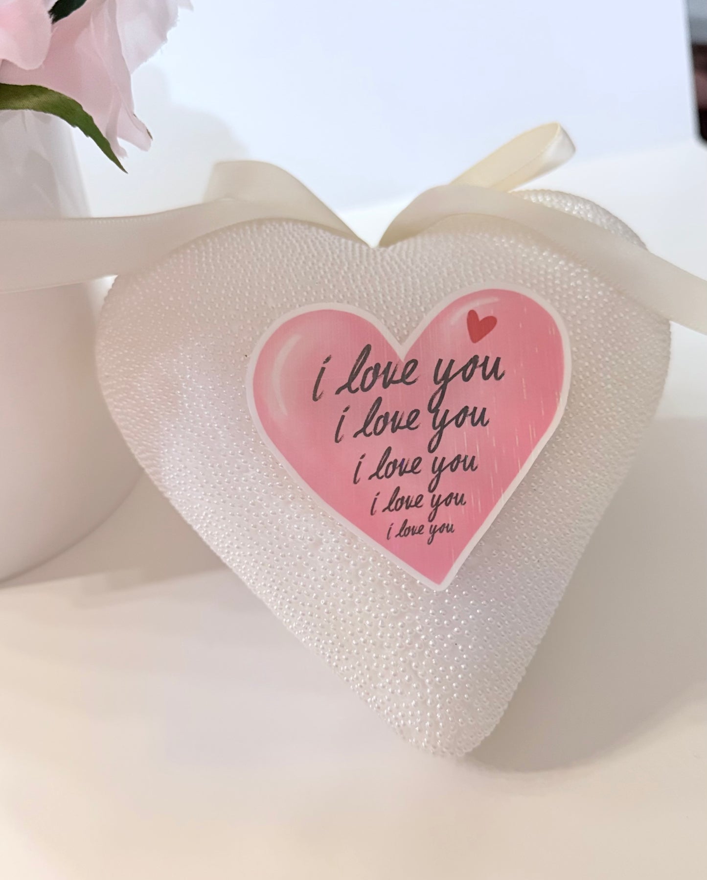 3’ Pink Holographic Heart Sign with White “I Love You”