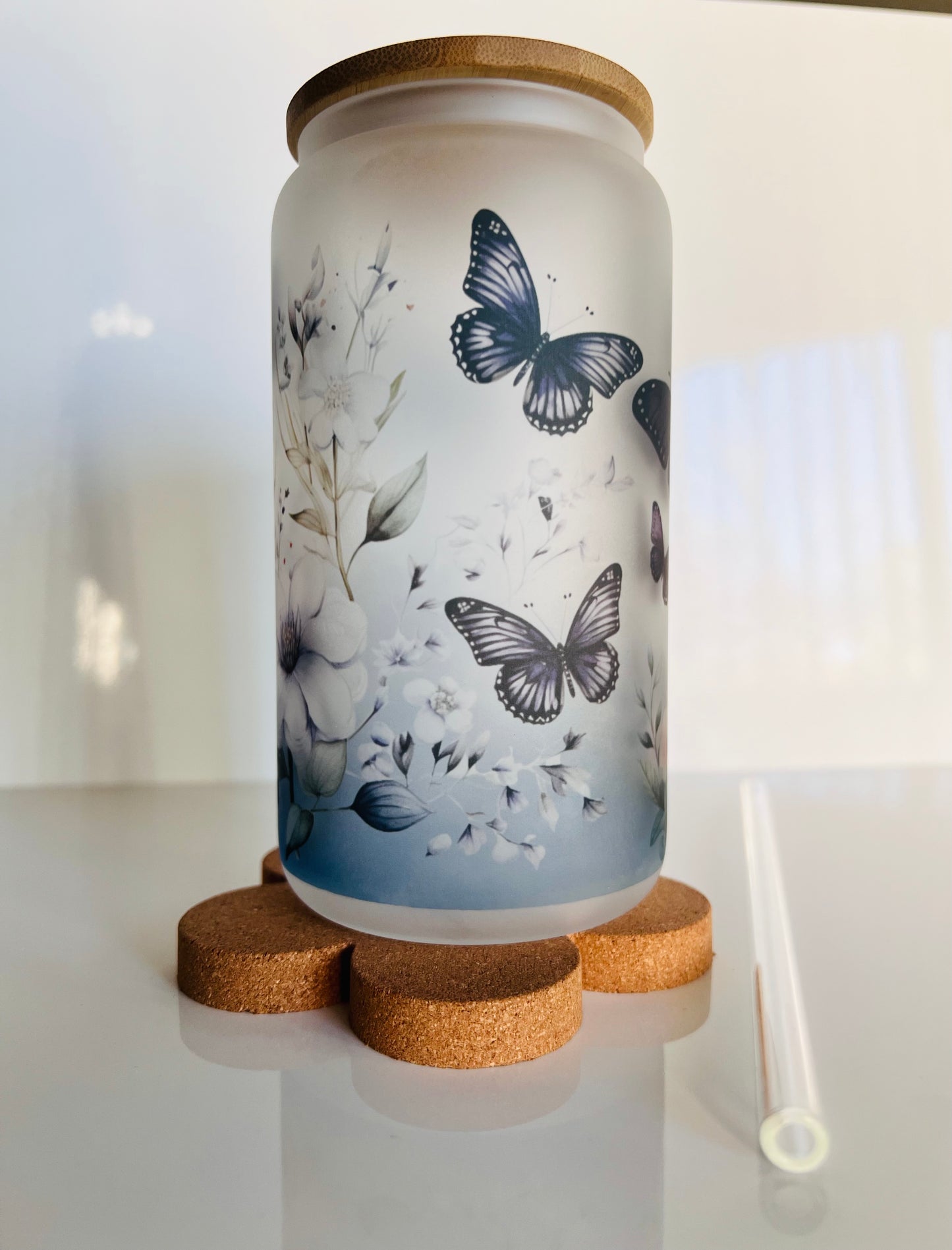 Blue Floral Glass Tumbler