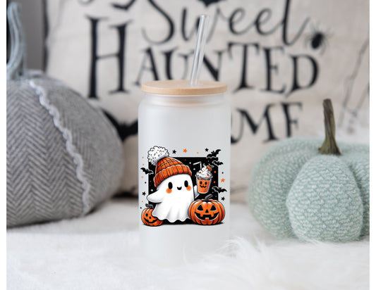 Halloween Ghost Glass Tumbler, Coffee Glass, Pumpkin Season, Pumpkin Cup