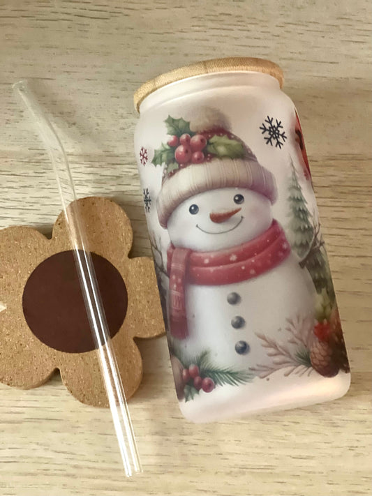 Snowman Frosted Glass Cup