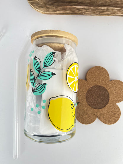 Boho Lemon Beer Can Glass , Lemon Glass, Lemonade Beer Glass Cup.