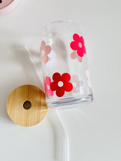 Pink Retro Flowers Beer Can Glass