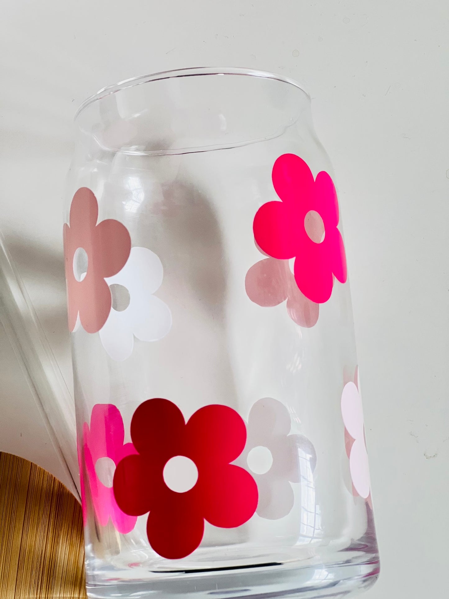 Pink Retro Flowers Beer Can Glass