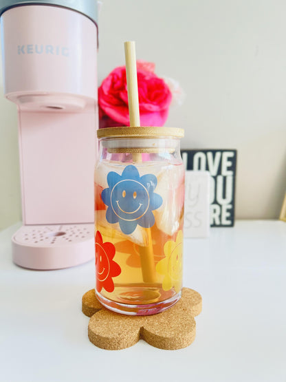 So Groovy Multiple Changing Color Retro Flowers Beer Can Glass