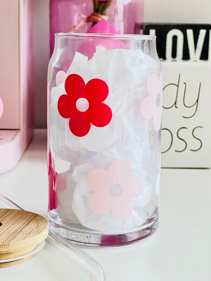 Pink Retro Flowers Beer Can Glass