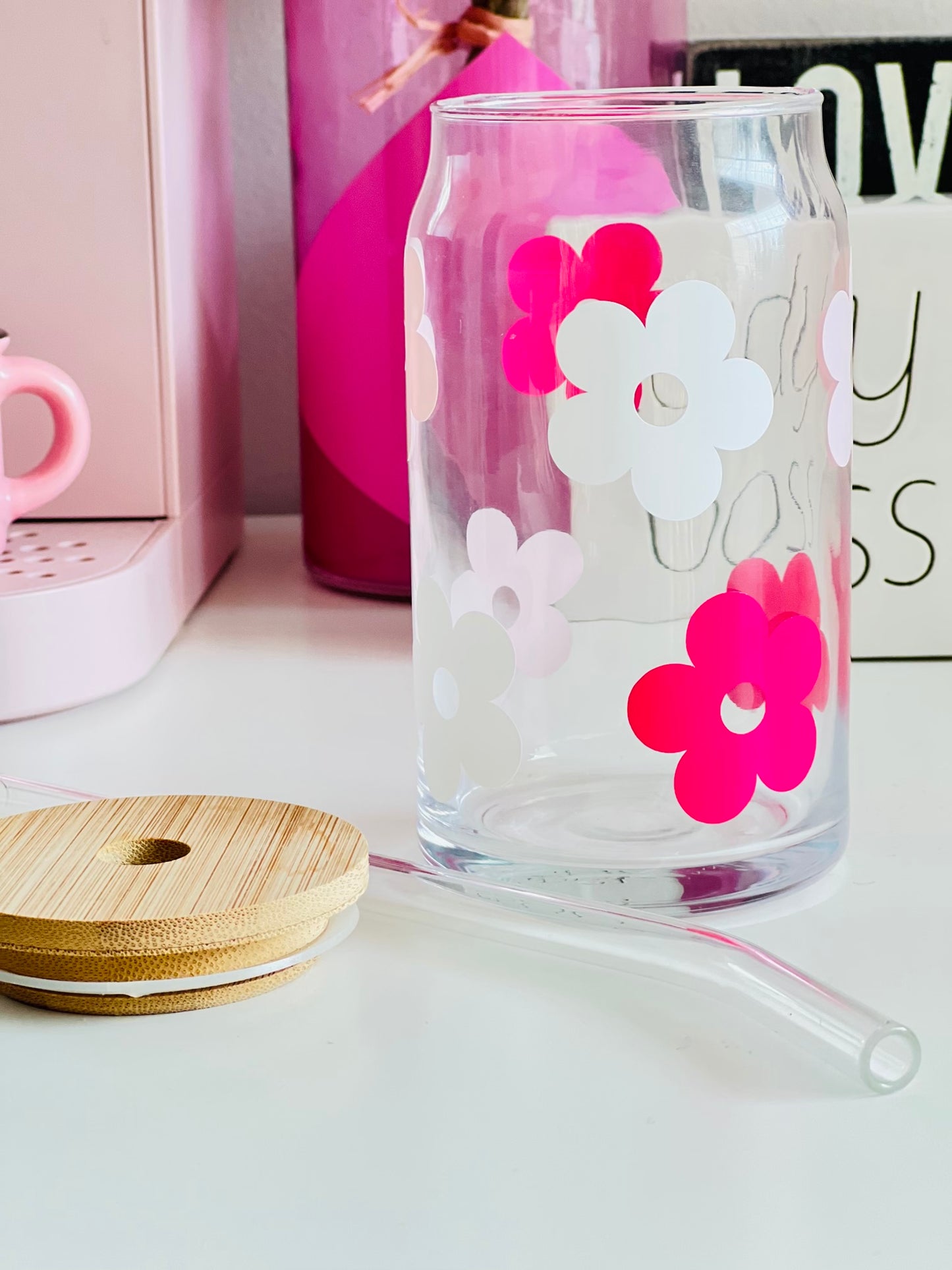 Pink Retro Flowers Beer Can Glass