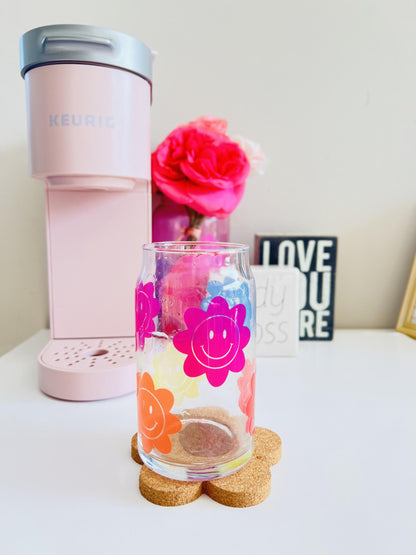 So Groovy Multiple Changing Color Retro Flowers Beer Can Glass